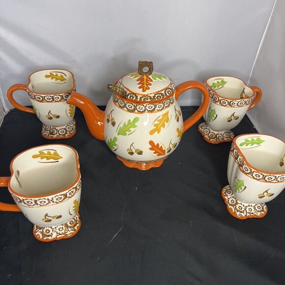 Temp-tations Old World Harvest Fall Thanksgiving Tea Pot + 4 Cups 14oz